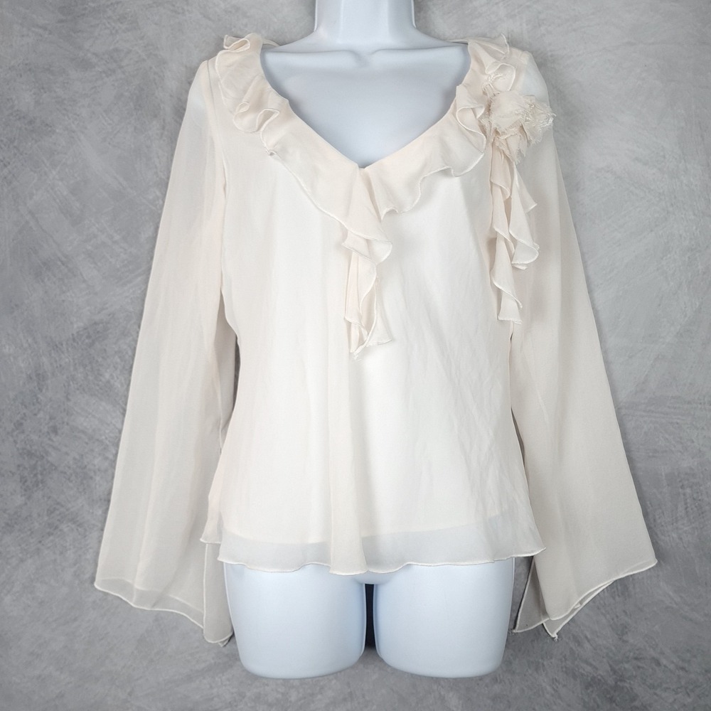 Vntg Y2K Fairy Blouse Womens 8 White Chiffon Ruffle Bell Sleeve Sheer Coquette